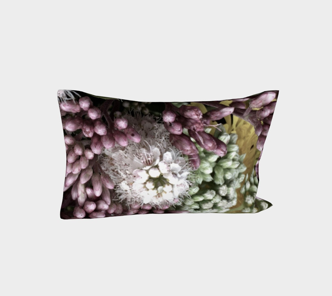 Bed of Flowers pillow sleeve reverse side featuring central white starburst flower surrounded by purple hyacinth buds and pale green flower clusters on dark background