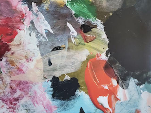 Pinnacle abstract art print detail showing textured brushstrokes with coral-orange, soft pink, emerald green, and charcoal black paint on canvas