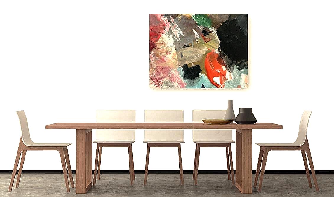 Pinnacle abstract art print detail showing textured brushstrokes with coral-orange, soft pink, emerald green, and charcoal black paint on canvas