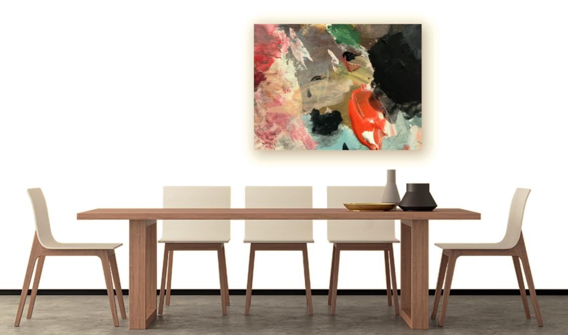 Pinnacle abstract art print featuring bold brushstrokes with vibrant coral-orange accent, soft pinks, emerald green, charcoal black, and pale blue on textured gray background