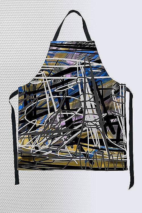 Abstract expressionist art apron with bold black, white, blue, and gold geometric lines and brushstrokes with front pocket and black straps