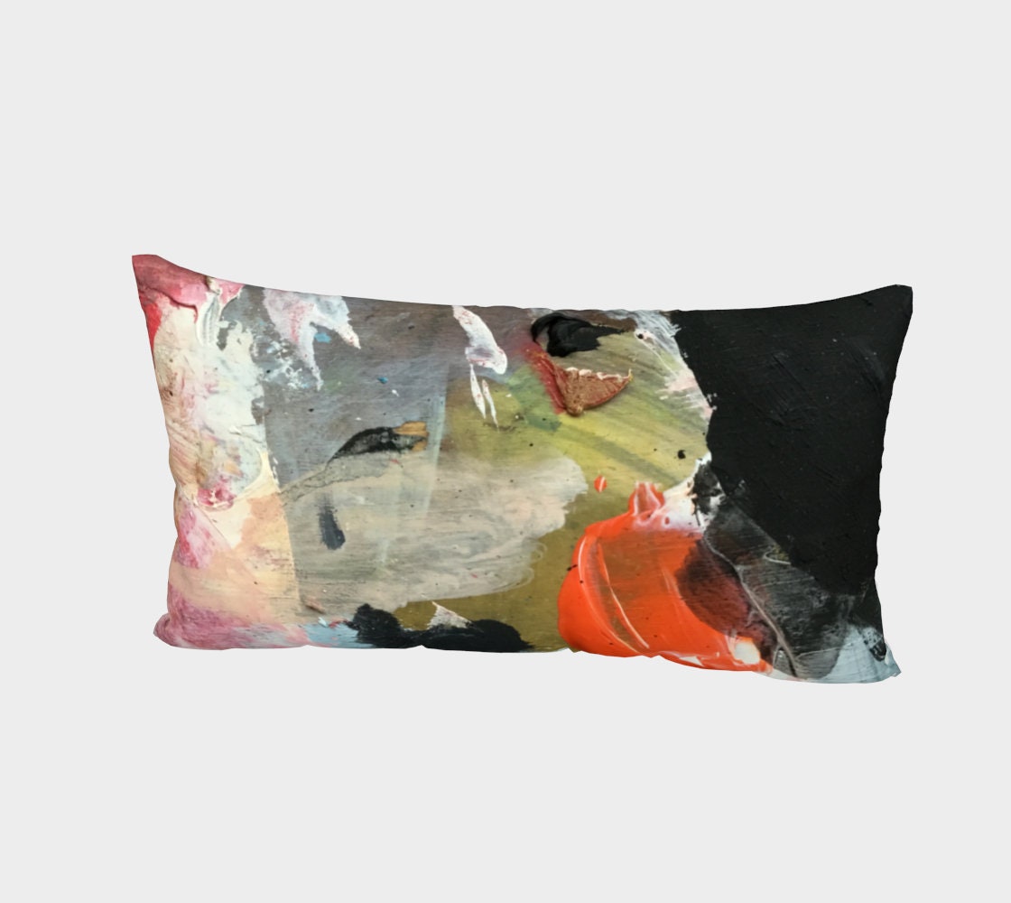 Pinnacle abstract art bed pillow case featuring bold coral-orange brushstroke, soft pinks, emerald green, and charcoal black on textured gray background