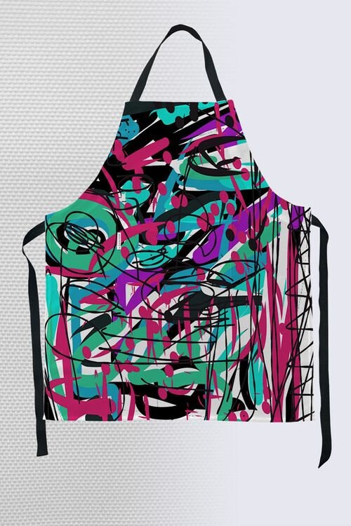 Bold abstract art apron with energetic turquoise, magenta, and black brushstrokes and scribbles with front pocket and black straps