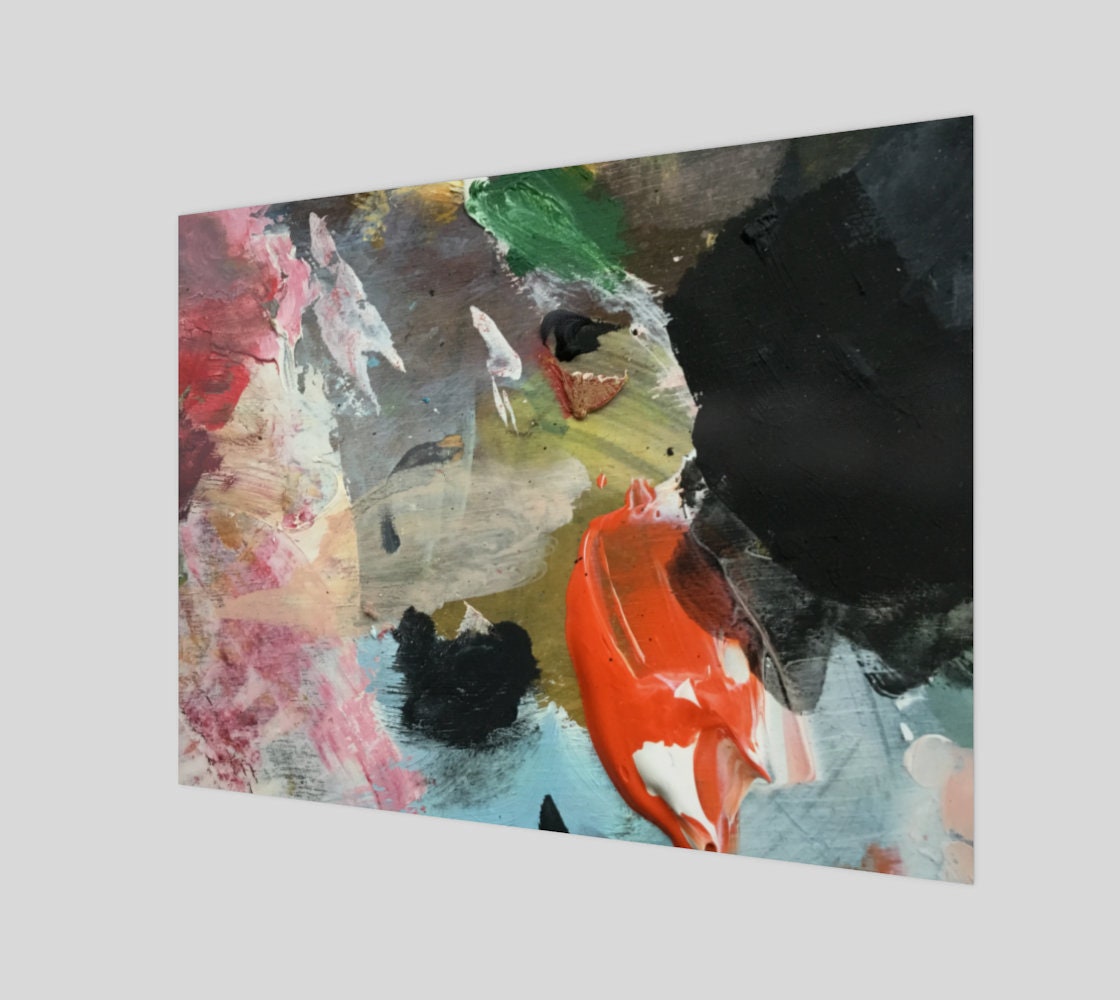 Pinnacle abstract art print featuring bold brushstrokes with vibrant coral-orange accent, soft pinks, emerald green, charcoal black, and pale blue on textured gray background