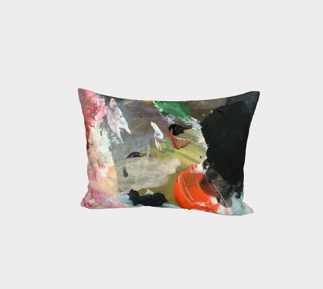 Pinnacle bed pillow case front view showing abstract expressionist design with vibrant coral accent and multi-colored brushstrokes