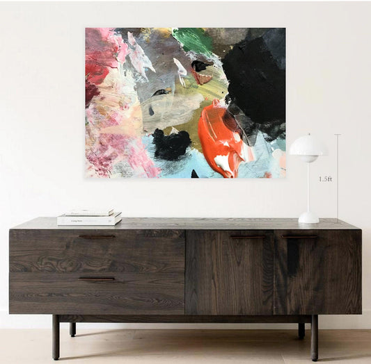 Pinnacle abstract art print detail showing textured brushstrokes with coral-orange, soft pink, emerald green, and charcoal black paint on canvas